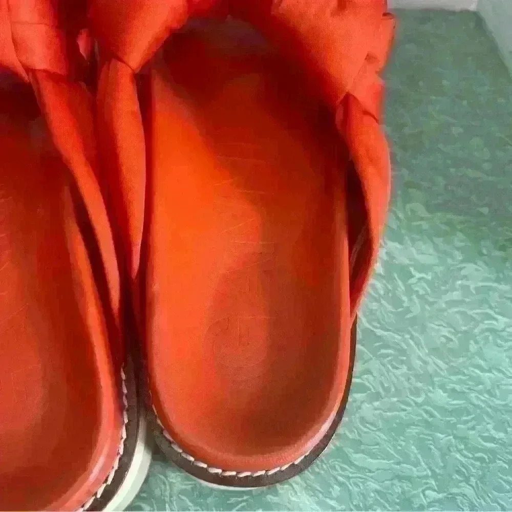 GANNI SATIN KNOTTED PLATFORM SANDAL SLIDE CROSSOVER STRAPS RED 38 $375 - Picture 4 of 7